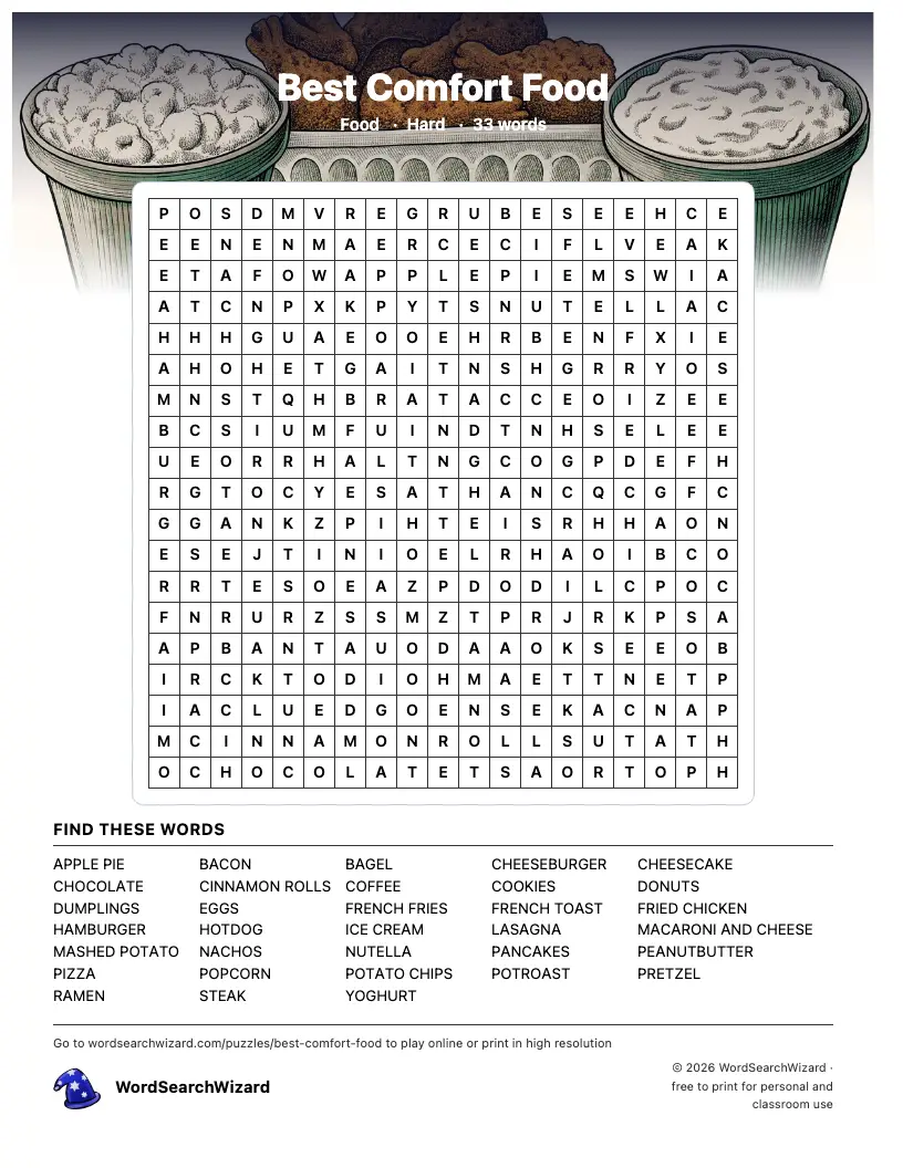 Best Comfort Food word search printable sheet, 33 words to find