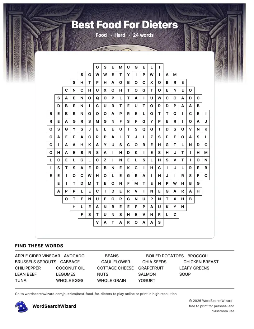 Best Food For Dieters word search printable sheet, 24 words to find