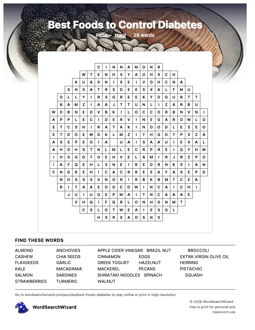 Best Foods to Control Diabetes word search printable sheet, 28 words to find