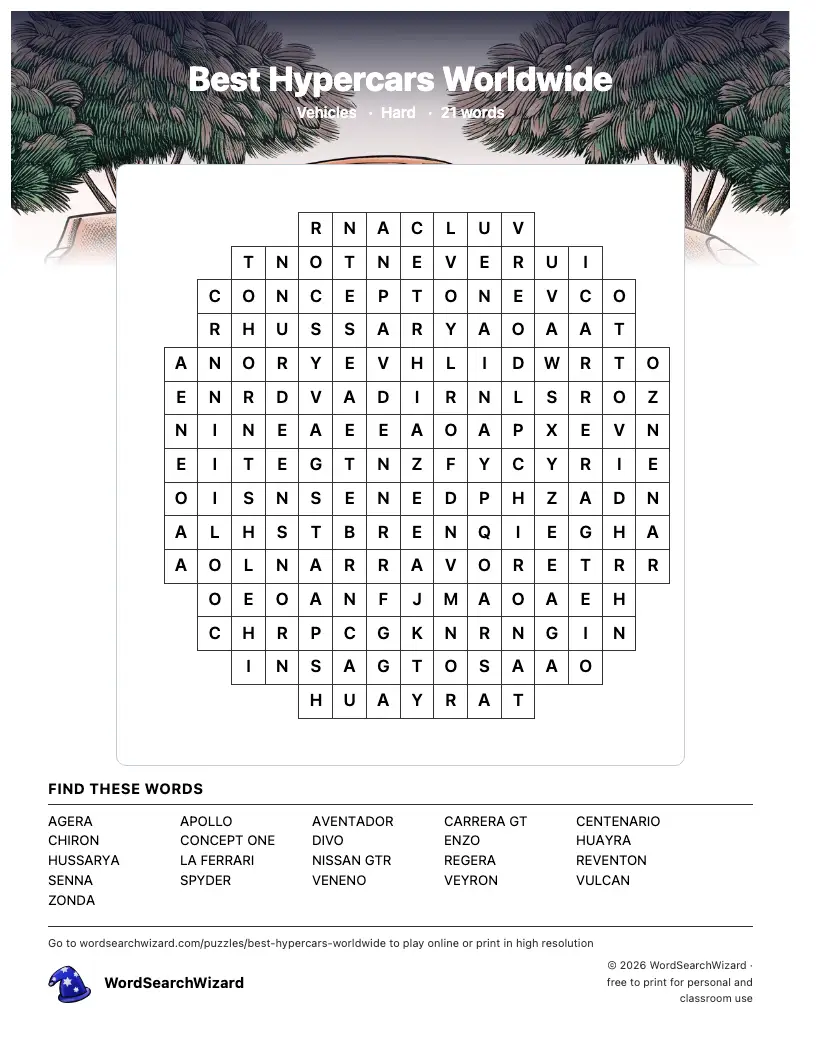 Best Hypercars Worldwide word search printable sheet, 21 words to find