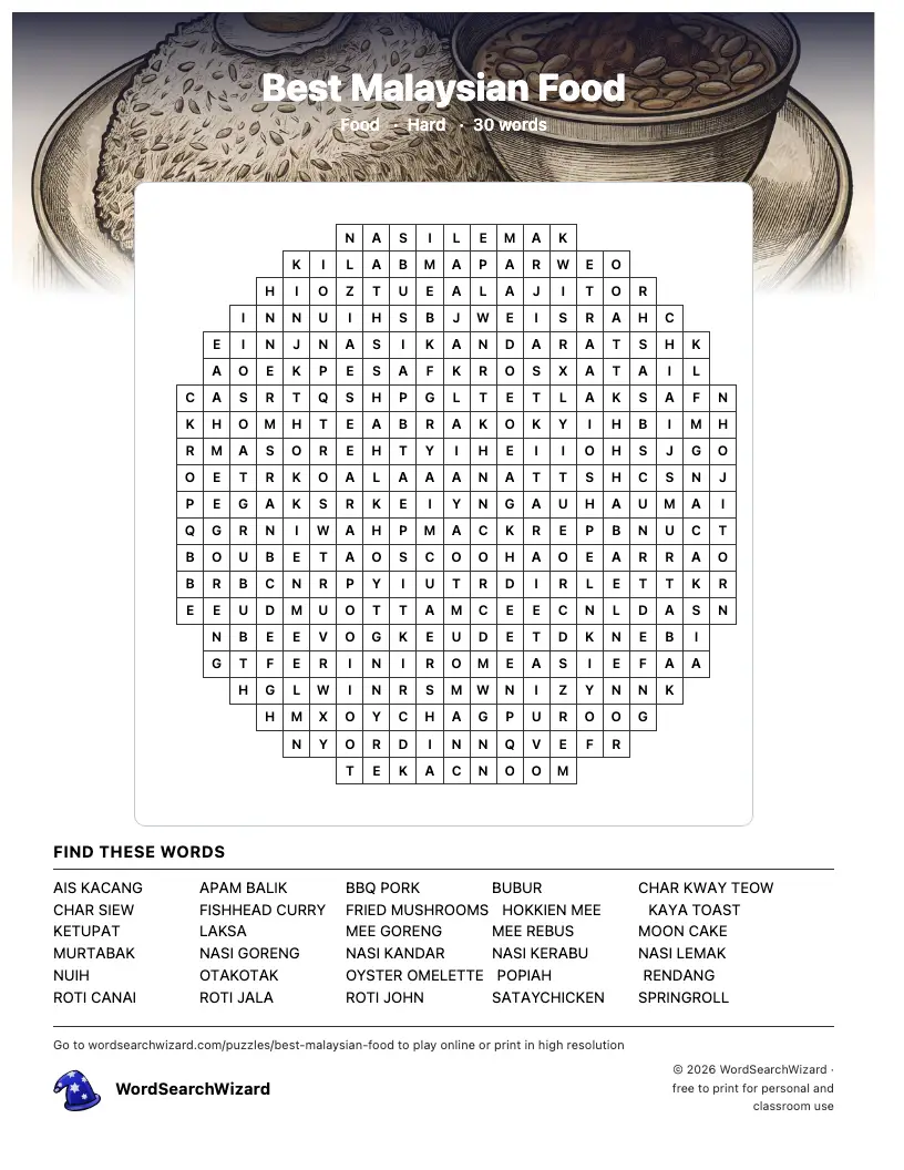 Best Malaysian Food word search printable sheet, 30 words to find