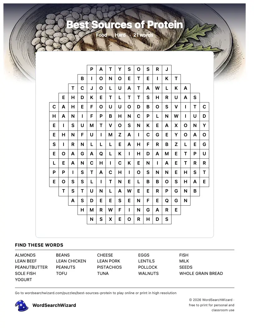 Best Sources of Protein word search printable sheet, 21 words to find