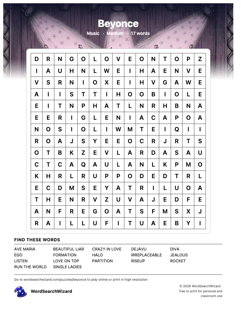 Beyonce word search printable sheet, 17 words to find