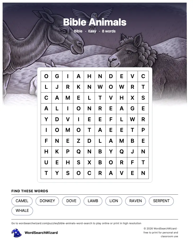 Bible Animals word search printable sheet, 8 words to find
