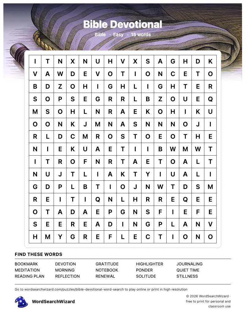 Bible Devotional word search printable sheet, 15 words to find