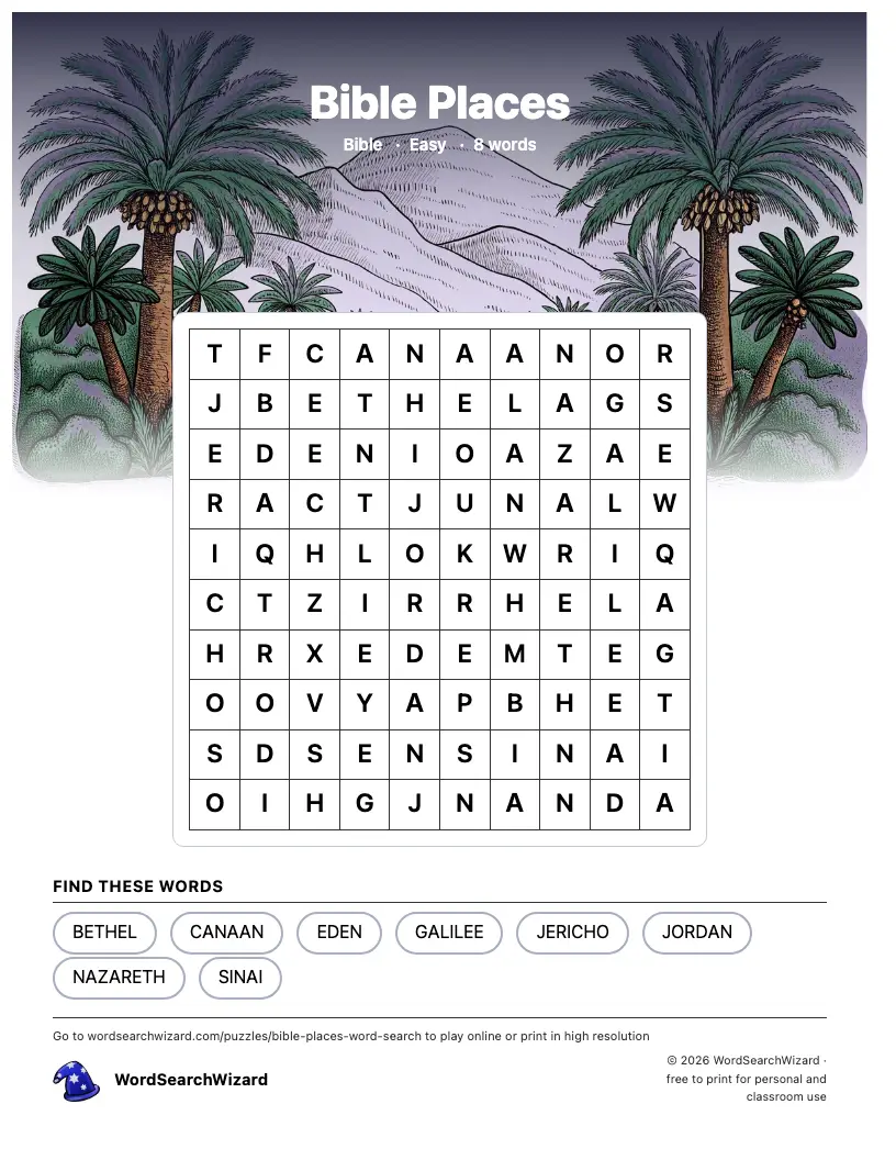 Bible Places word search printable sheet, 8 words to find