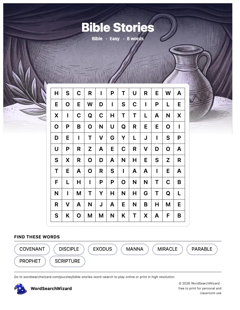 Bible Stories word search printable sheet, 8 words to find