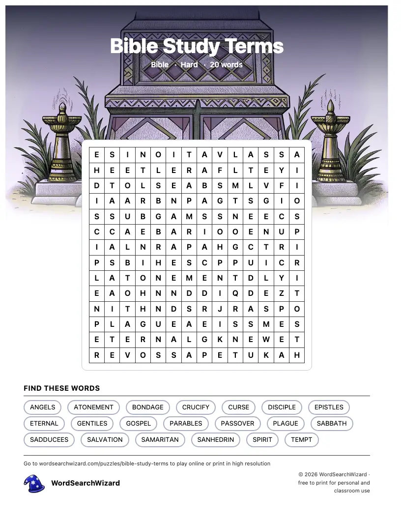 Bible Study Terms word search printable sheet, 20 words to find