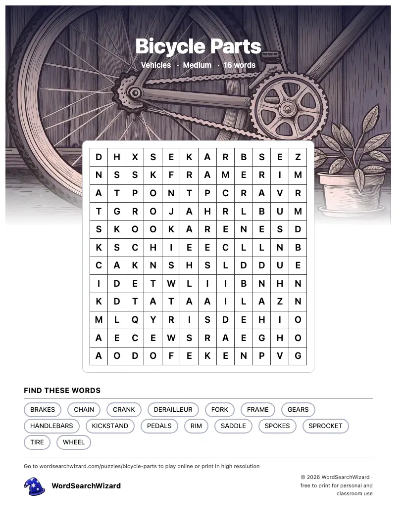 Bicycle Parts word search printable sheet, 16 words to find