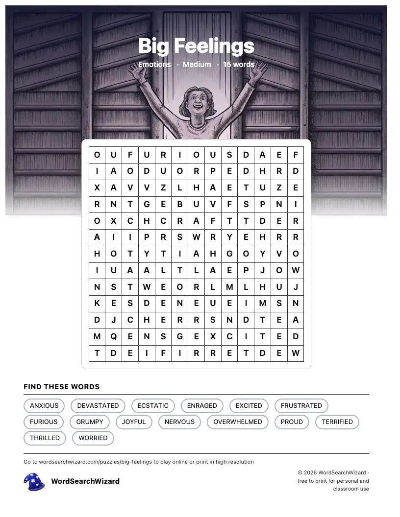 Big Feelings word search printable sheet, 15 words to find