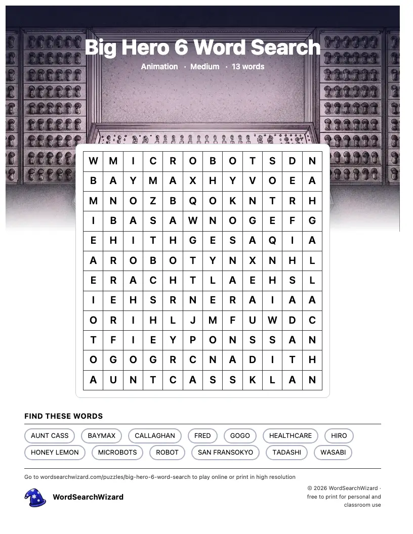 Big Hero 6 word search printable sheet, 13 words to find