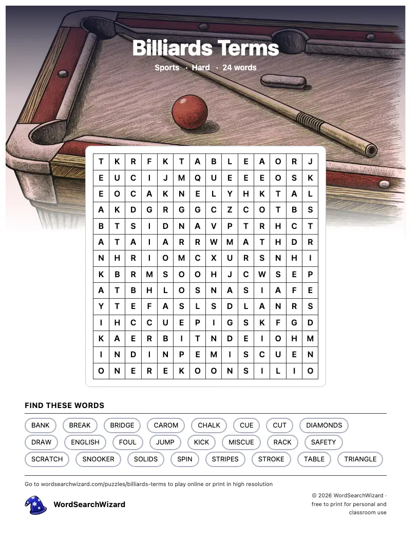 Billiards Terms word search printable sheet, 24 words to find