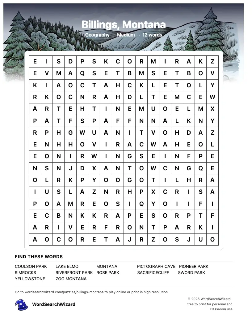 Billings, Montana word search printable sheet, 12 words to find