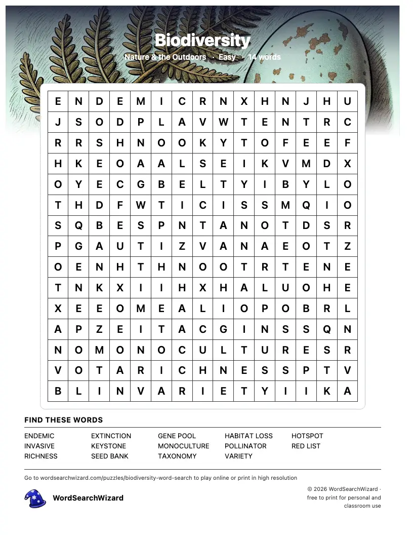 Biodiversity word search printable sheet, 14 words to find