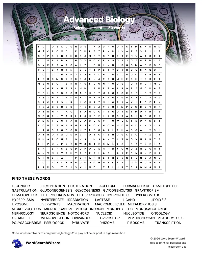 Advanced Biology word search printable sheet, 50 words to find