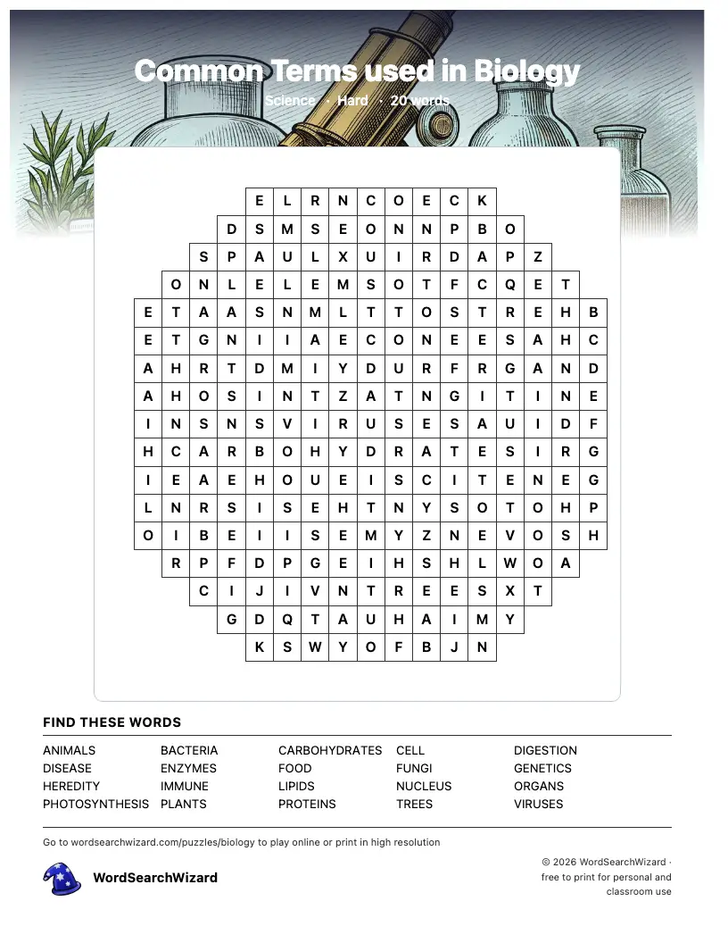 Common Terms used in Biology word search printable sheet, 20 words to find