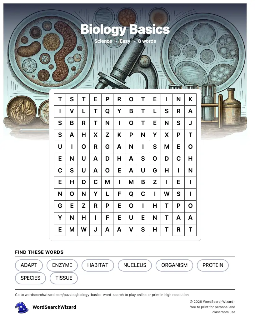 Biology Basics word search printable sheet, 8 words to find