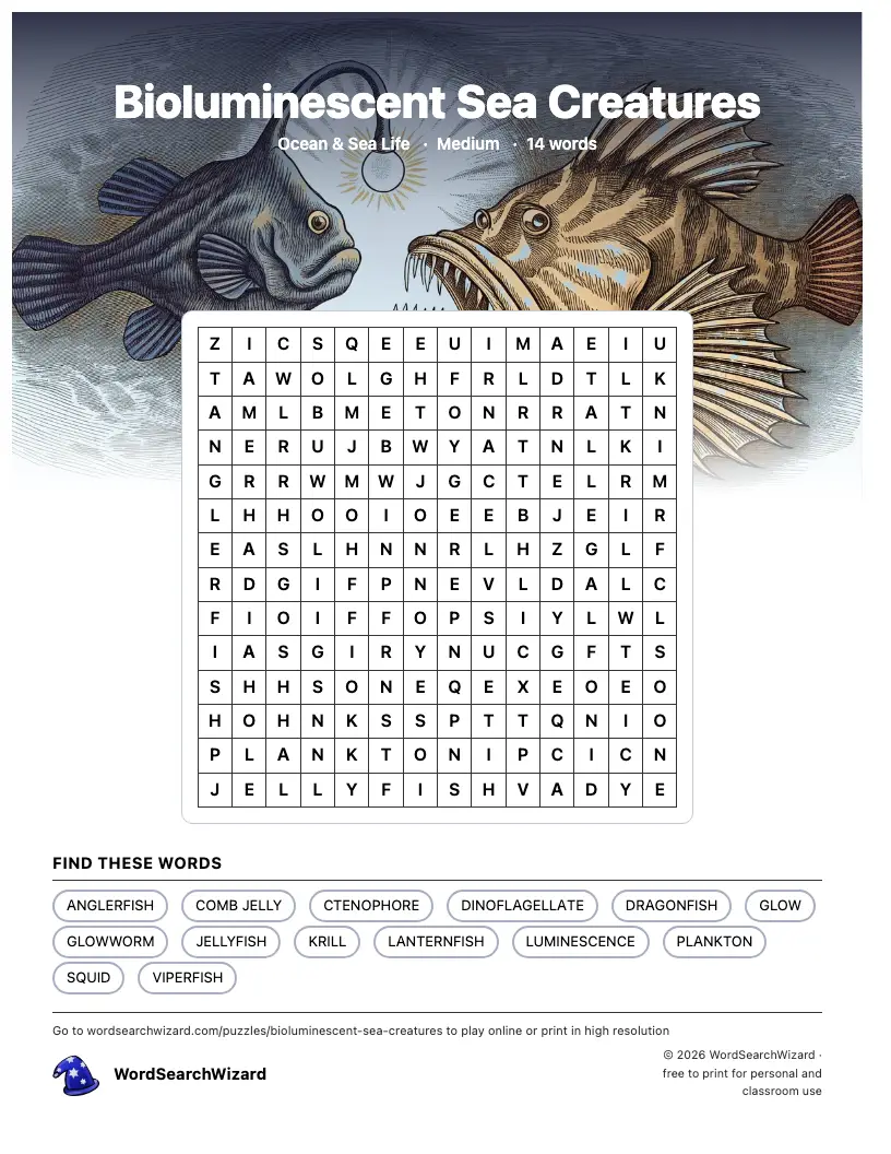 Bioluminescent Sea Creatures word search printable sheet, 14 words to find