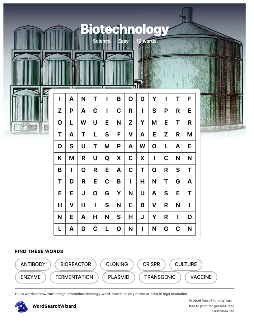 Biotechnology word search printable sheet, 10 words to find