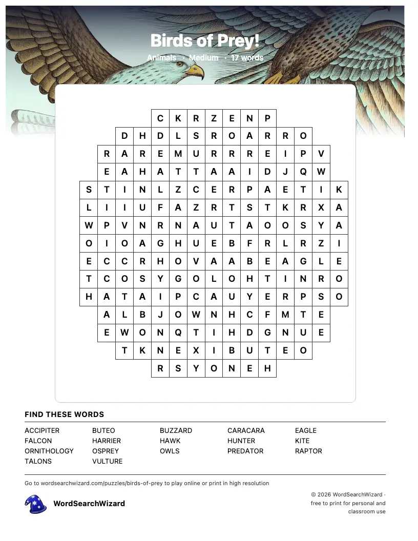 Birds of Prey! word search printable sheet, 17 words to find