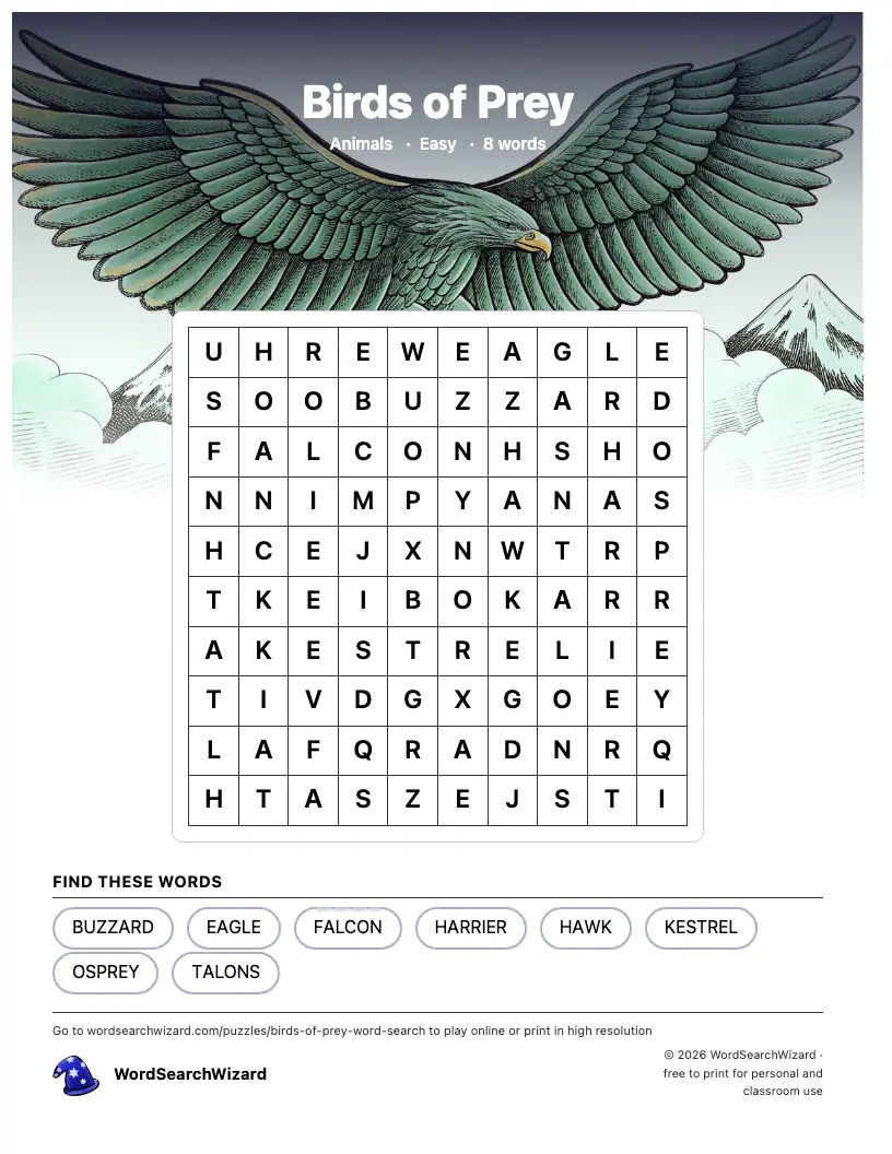 Birds of Prey word search printable sheet, 8 words to find