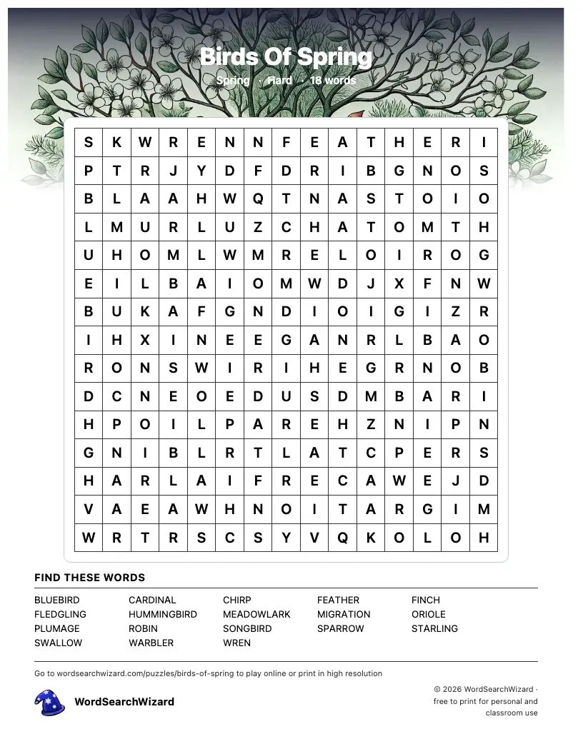 Birds Of Spring word search printable sheet, 18 words to find