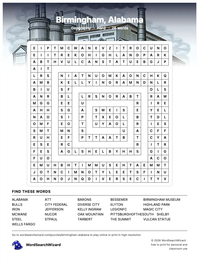 Birmingham, Alabama word search printable sheet, 26 words to find