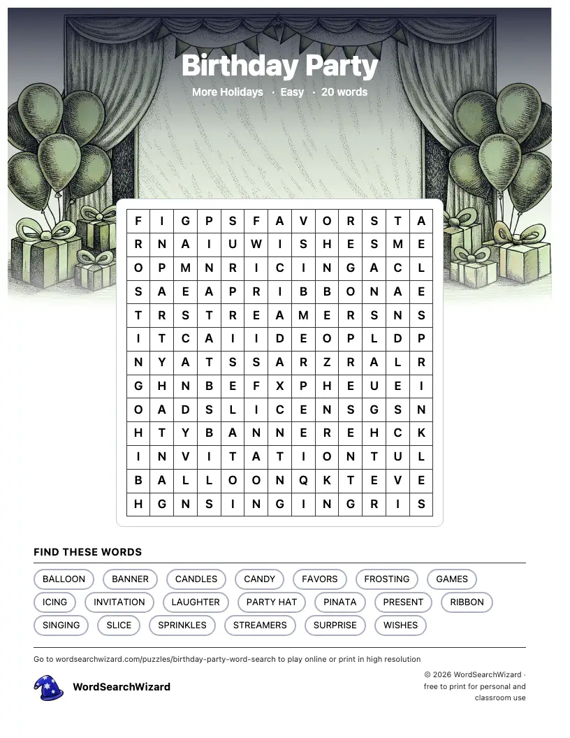 Birthday Party word search printable sheet, 20 words to find