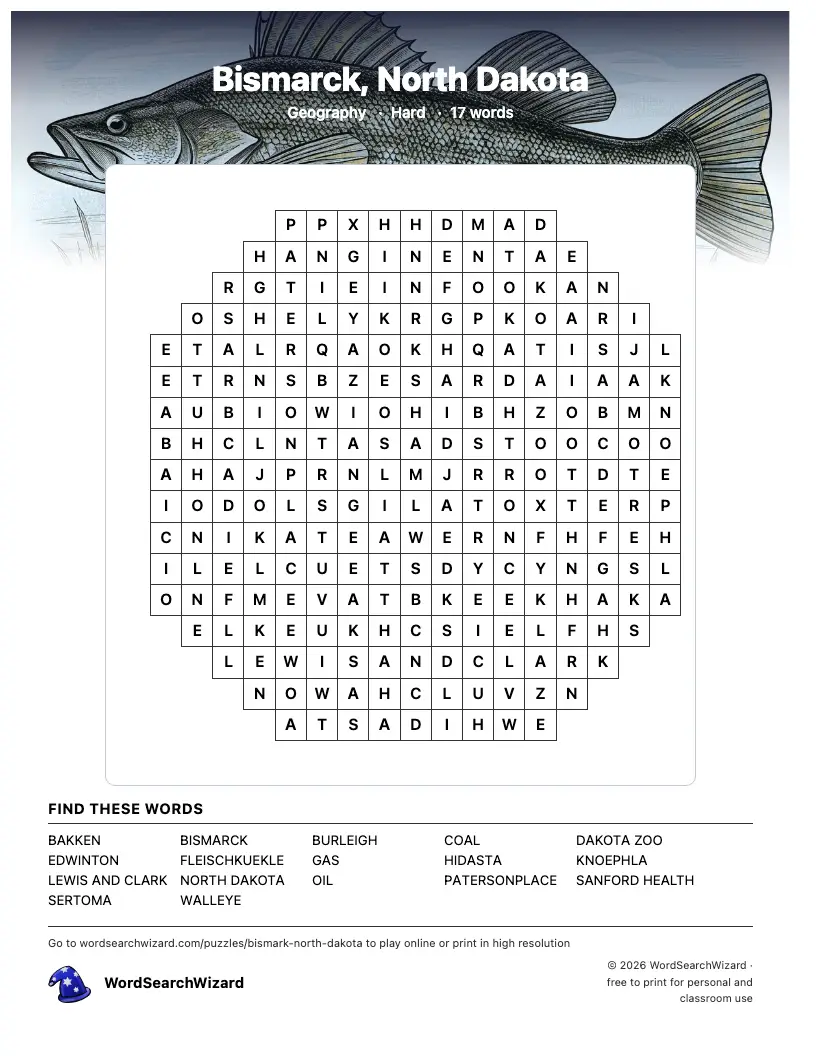 Bismarck, North Dakota word search printable sheet, 17 words to find