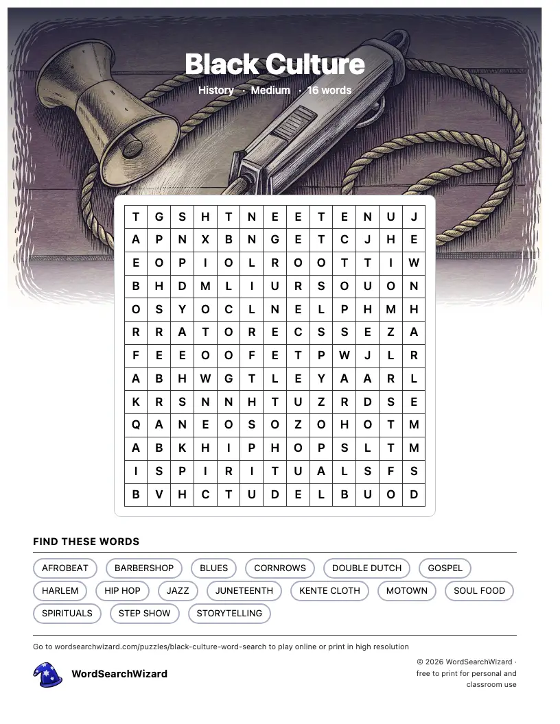 Black Culture word search printable sheet, 16 words to find