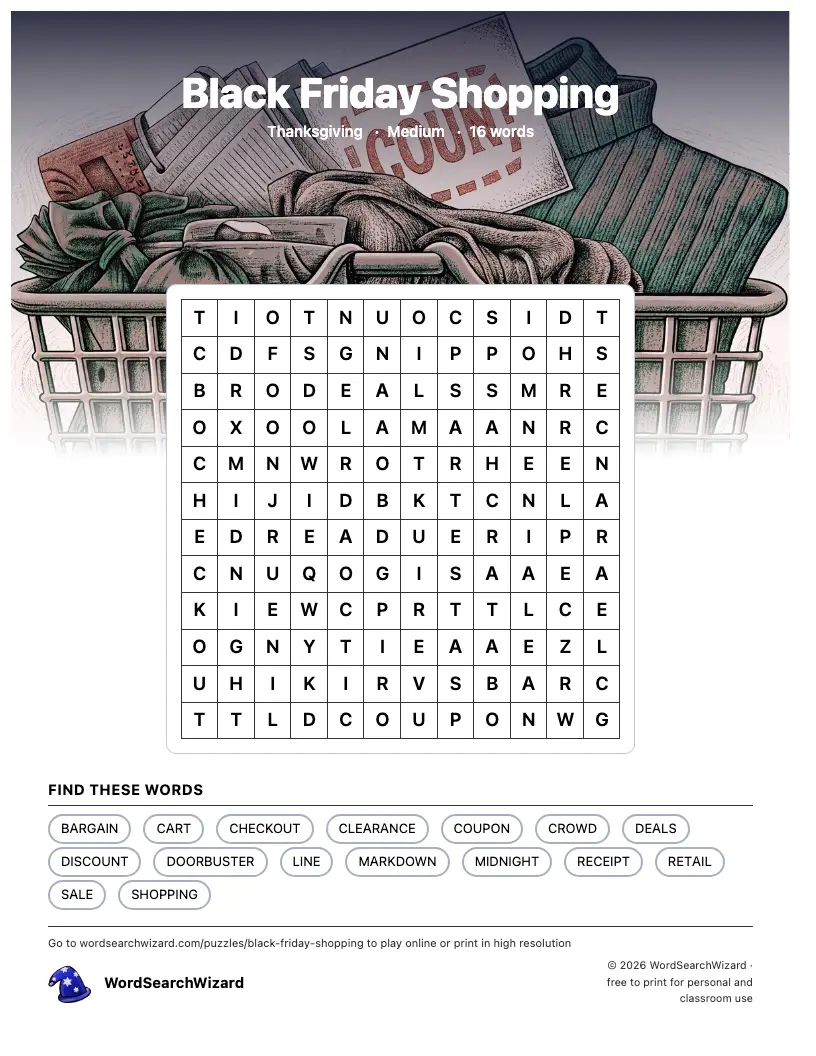 Black Friday Shopping word search printable sheet, 16 words to find