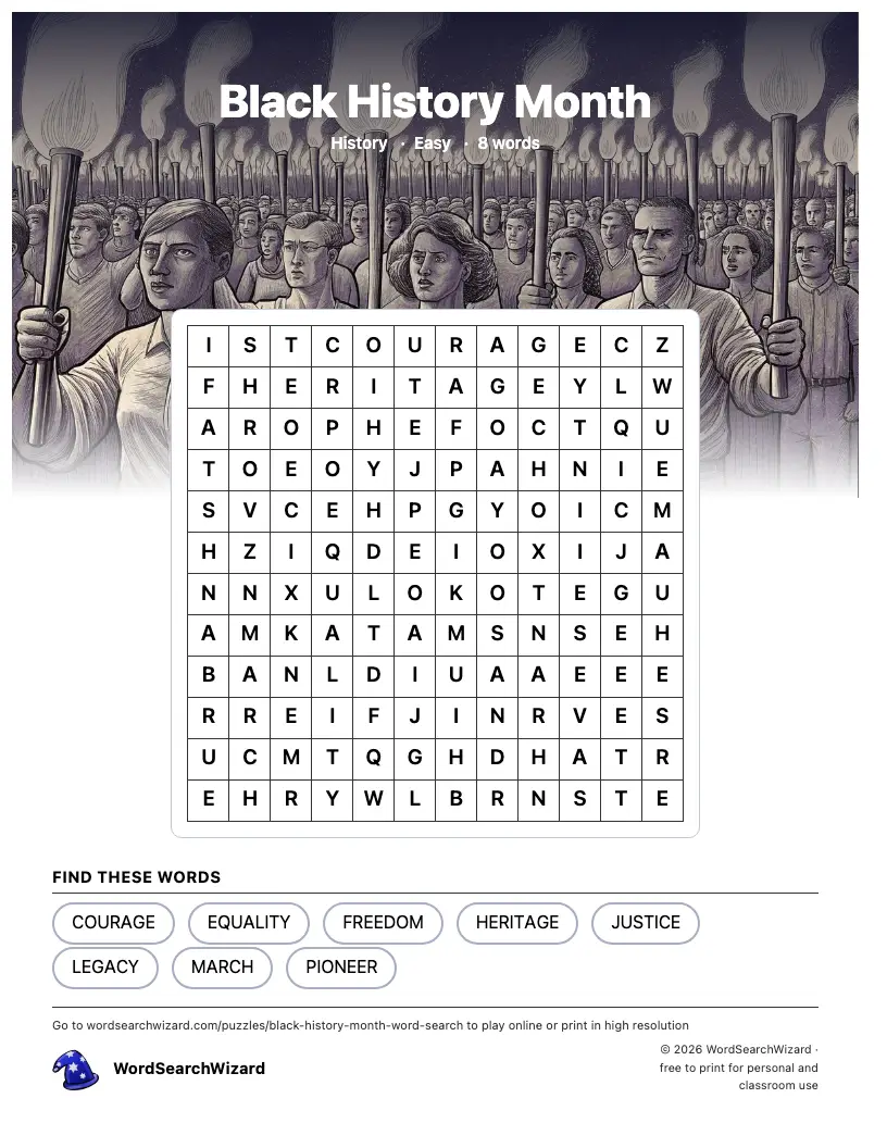 Black History Month word search printable sheet, 8 words to find