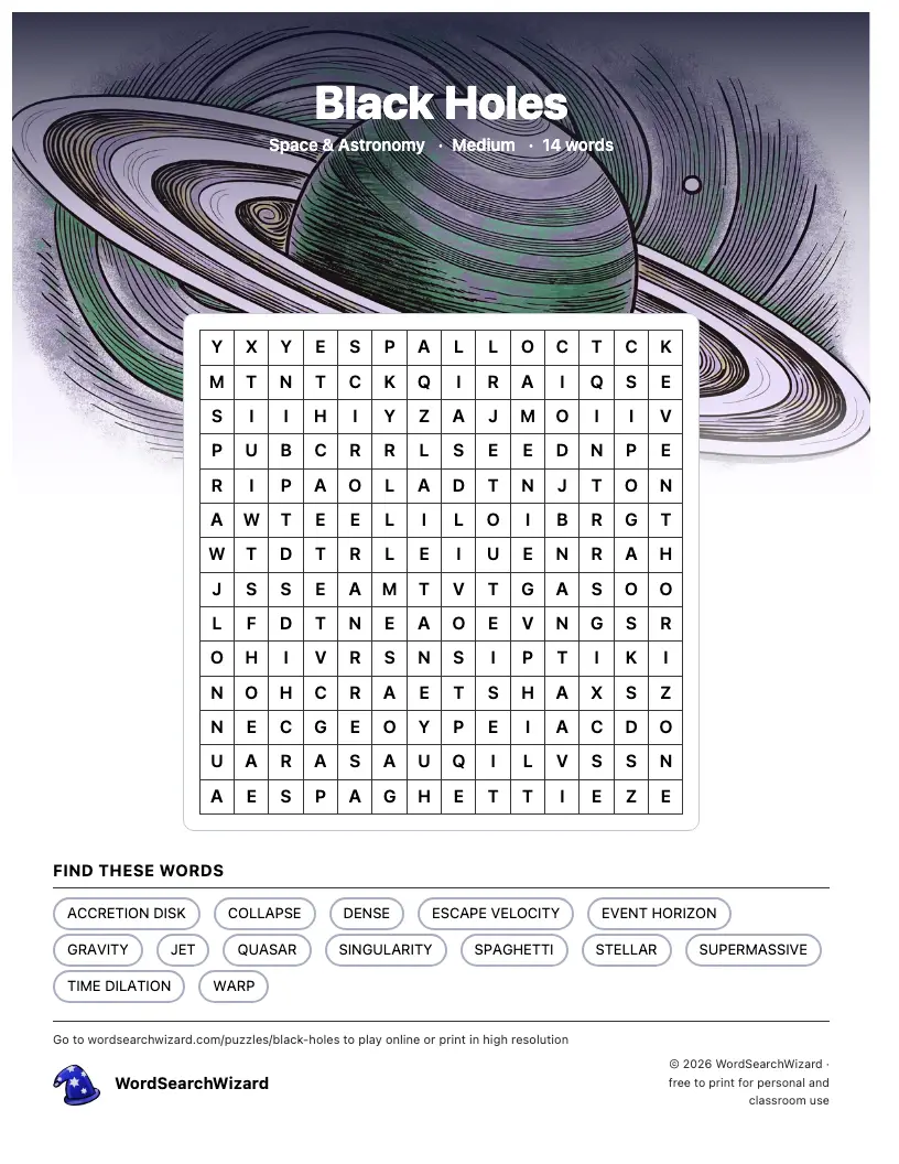 Black Holes word search printable sheet, 14 words to find