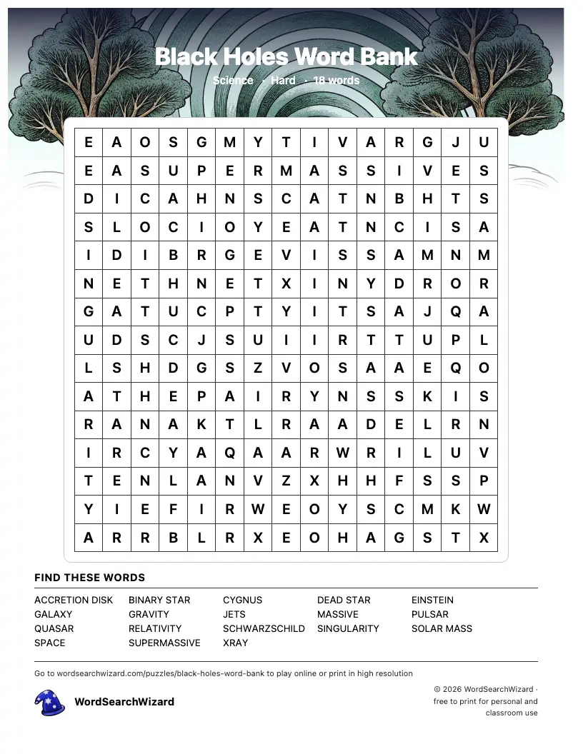 Black Holes Word Bank word search printable sheet, 18 words to find