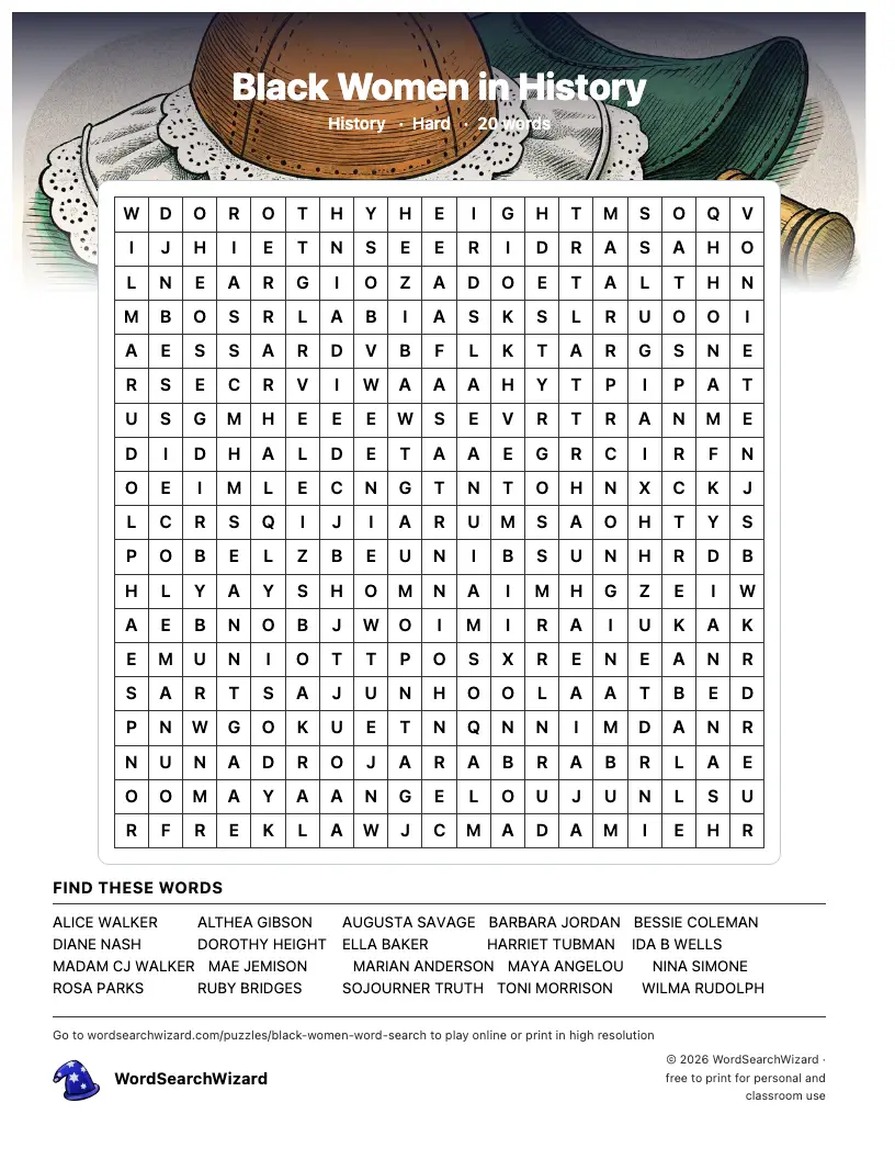 Black Women in History word search printable sheet, 20 words to find