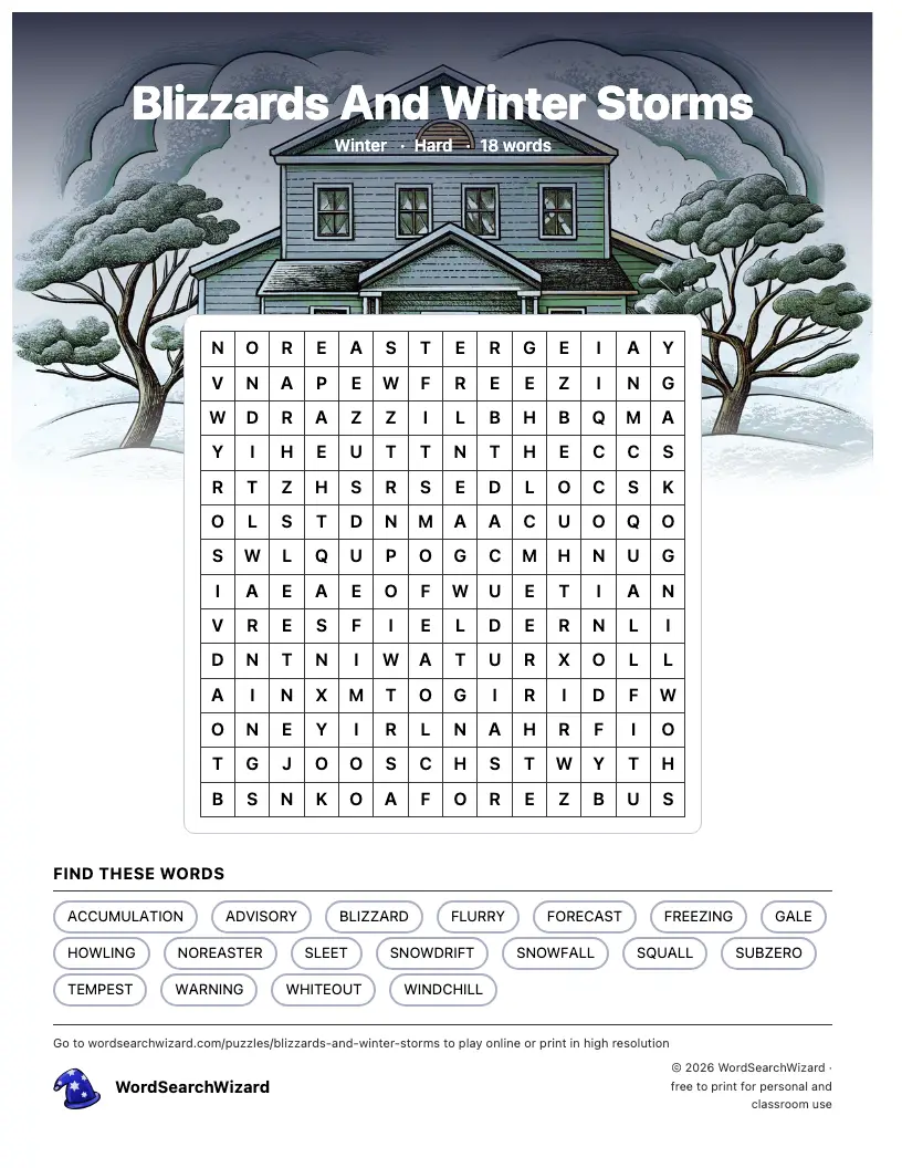Blizzards And Winter Storms word search printable sheet, 18 words to find