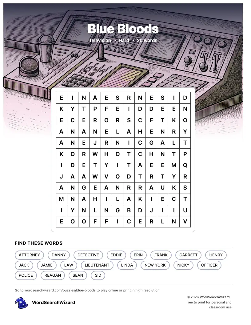 Blue Bloods word search printable sheet, 20 words to find