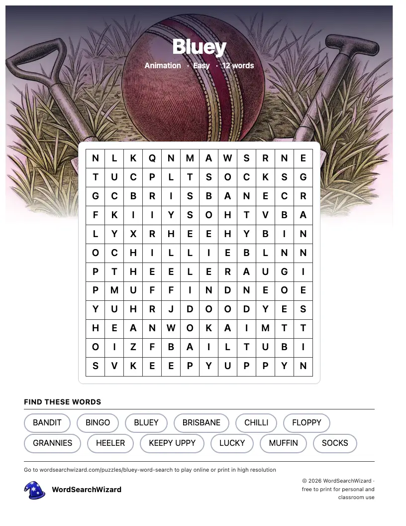 Bluey word search printable sheet, 12 words to find