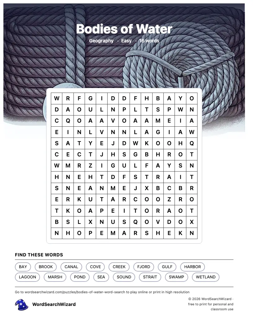 Bodies of Water word search printable sheet, 16 words to find
