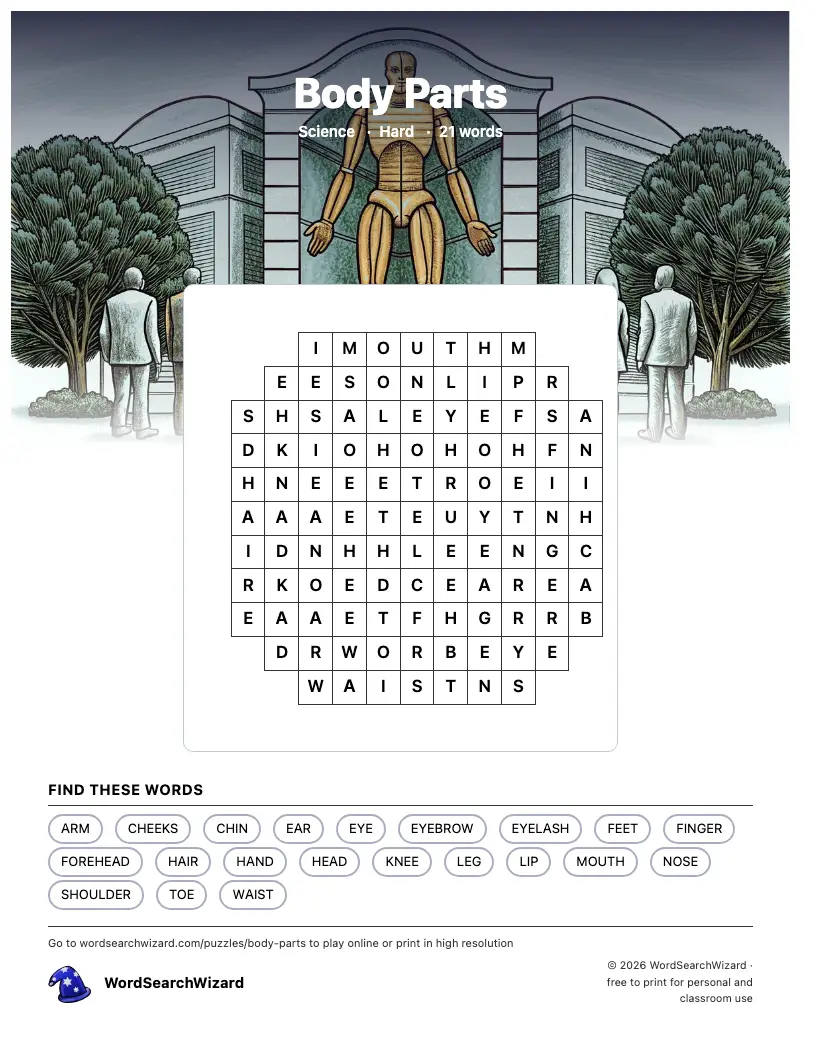 Body Parts word search printable sheet, 21 words to find