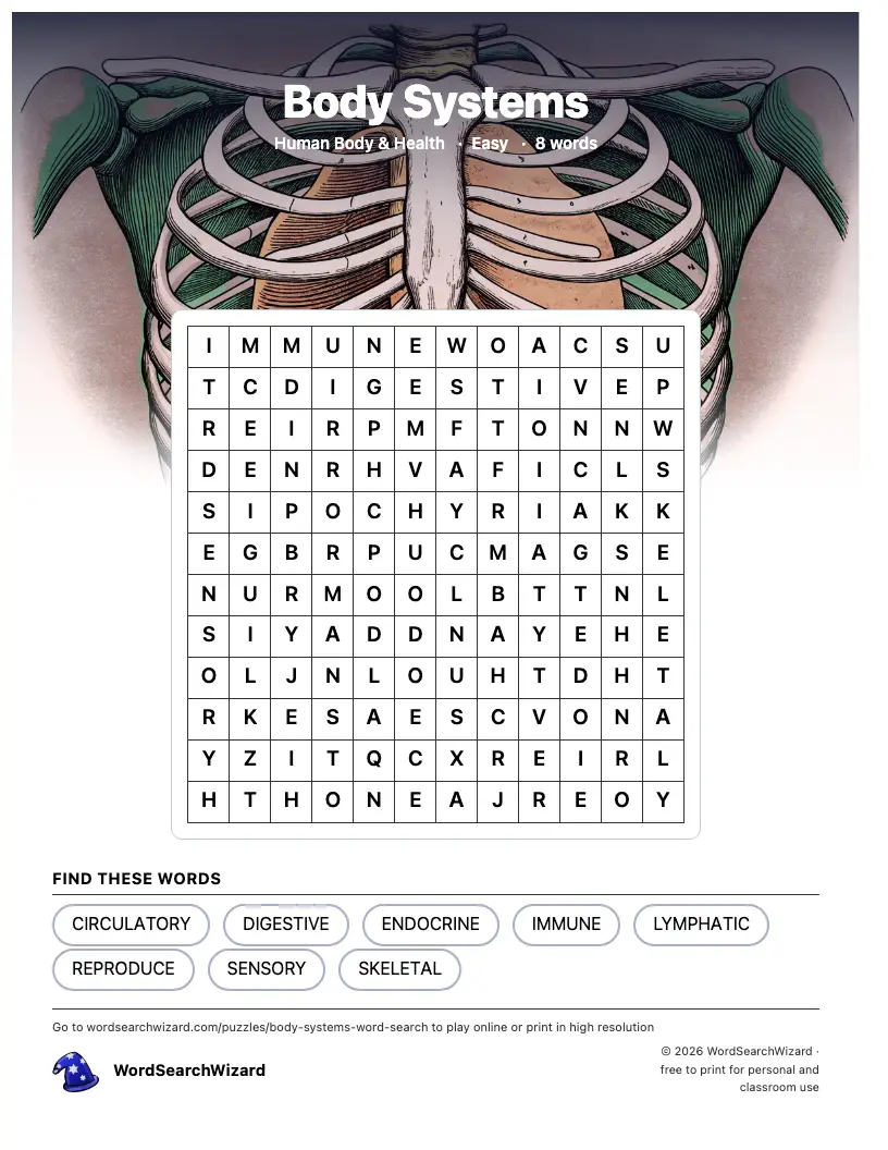 Body Systems word search printable sheet, 8 words to find