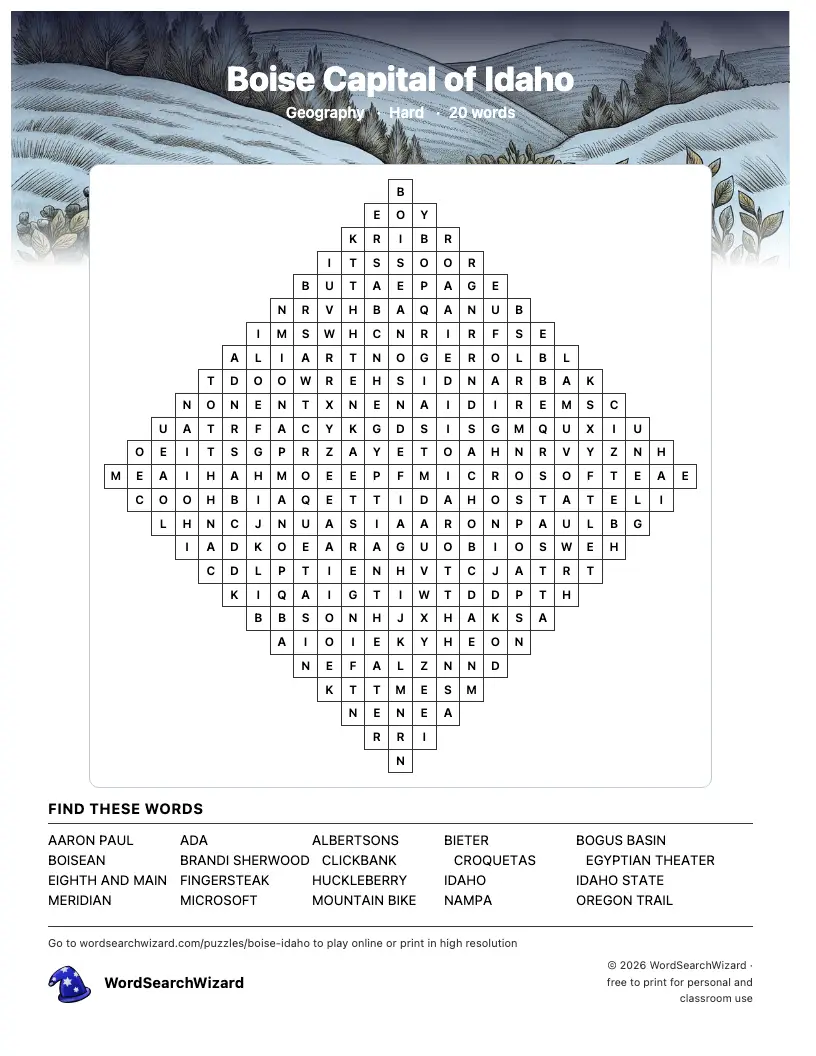 Boise Capital of Idaho word search printable sheet, 20 words to find