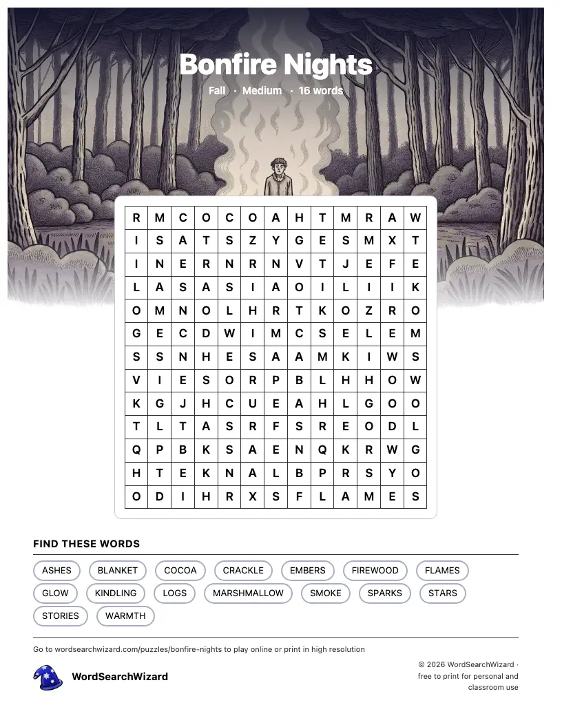 Bonfire Nights word search printable sheet, 16 words to find