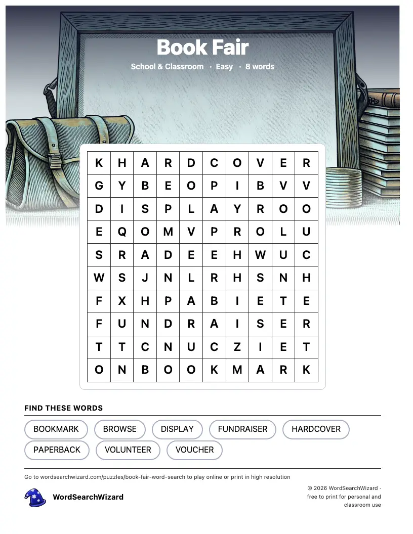 Book Fair word search printable sheet, 8 words to find