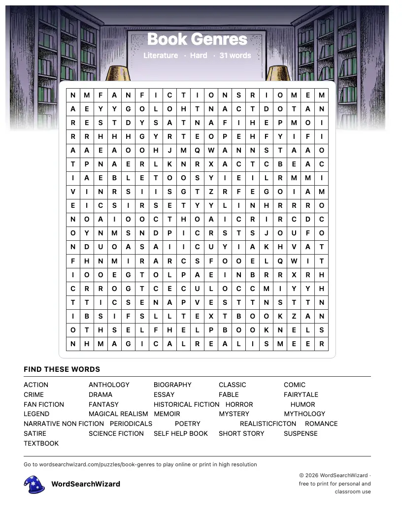 Book Genres word search printable sheet, 31 words to find
