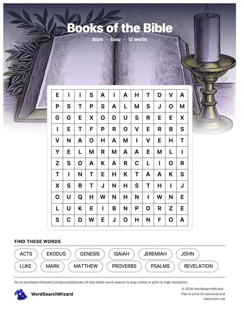 Books of the Bible word search printable sheet, 12 words to find