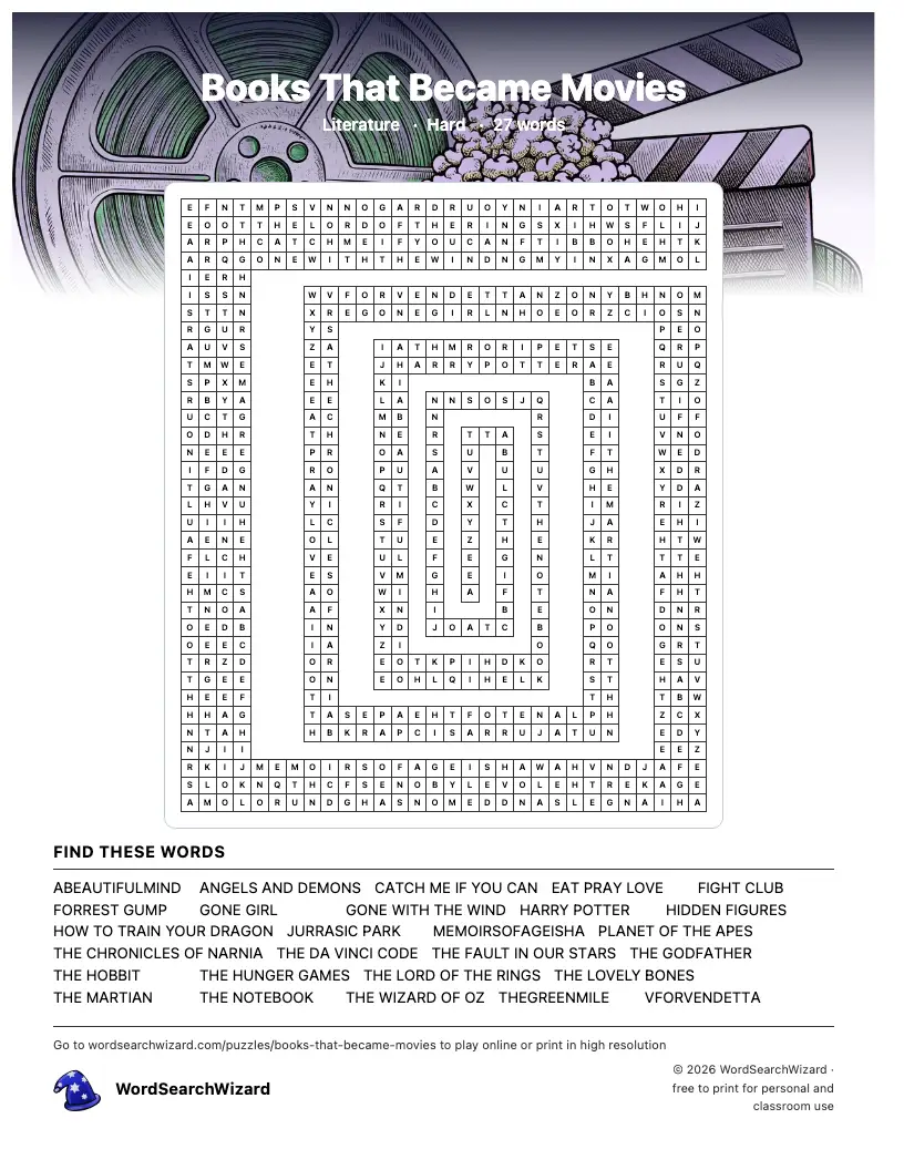 Books That Became Movies word search printable sheet, 27 words to find