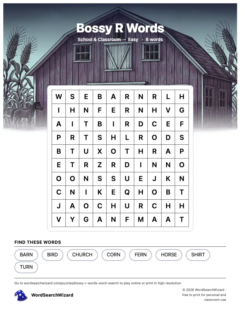 Bossy R Words word search printable sheet, 8 words to find