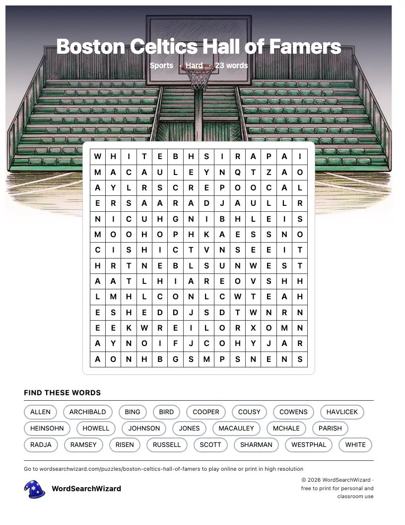 Boston Celtics Hall of Famers word search printable sheet, 23 words to find
