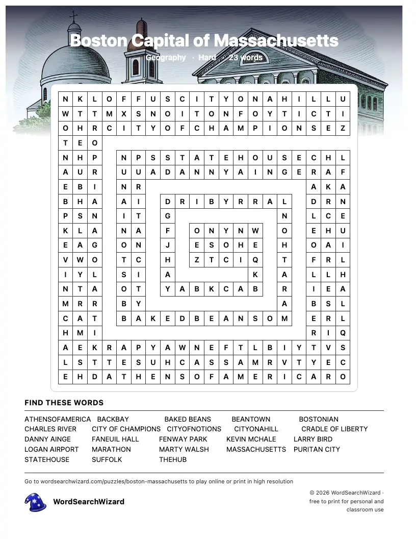 Boston Capital of Massachusetts word search printable sheet, 23 words to find